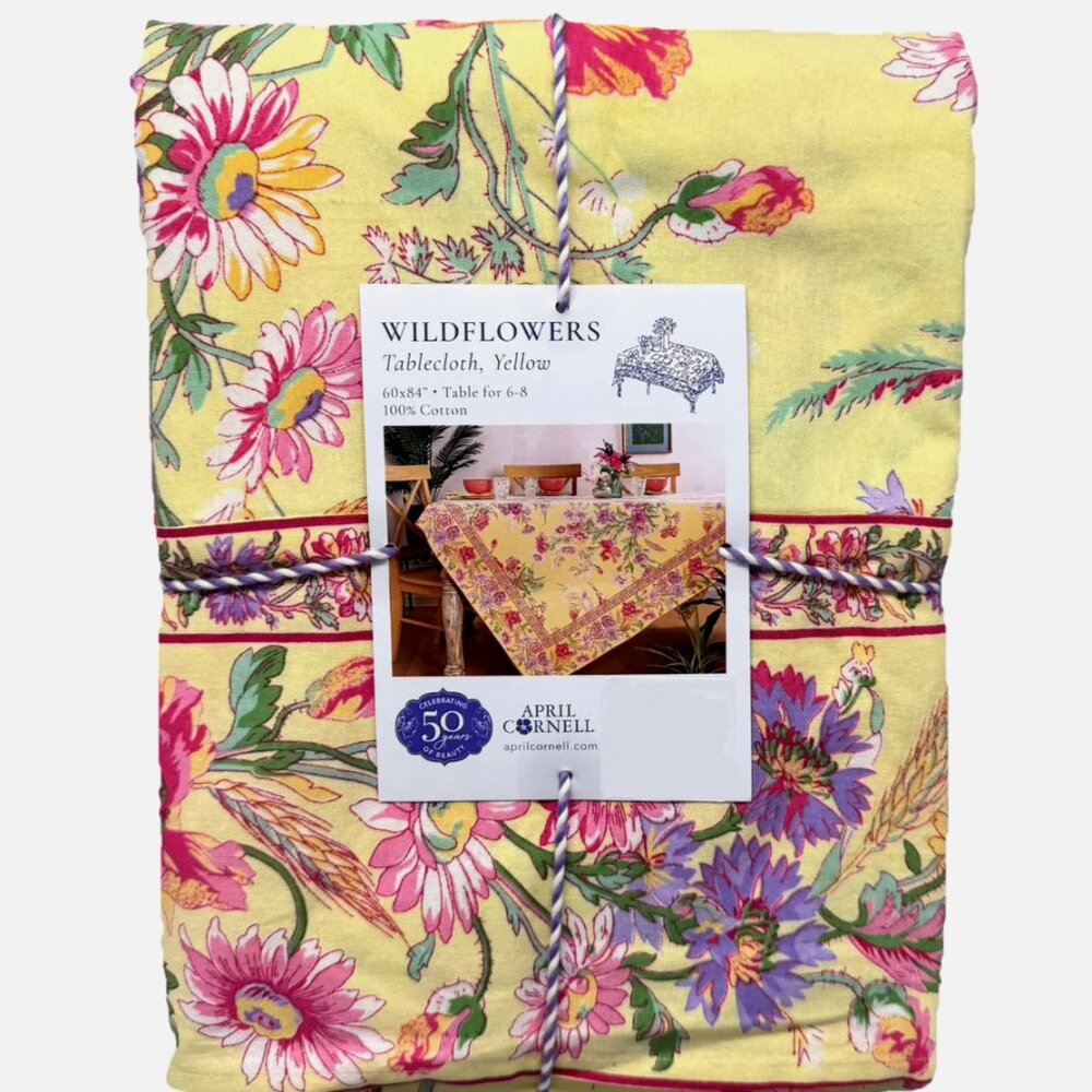 April Cornell Wildflower Yellow Pink Purple Floral Tablecloth 60x84 Spring Daisy